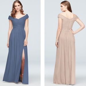 Steel Blue Off-the-Shoulder Mesh Bridesmaid Dress